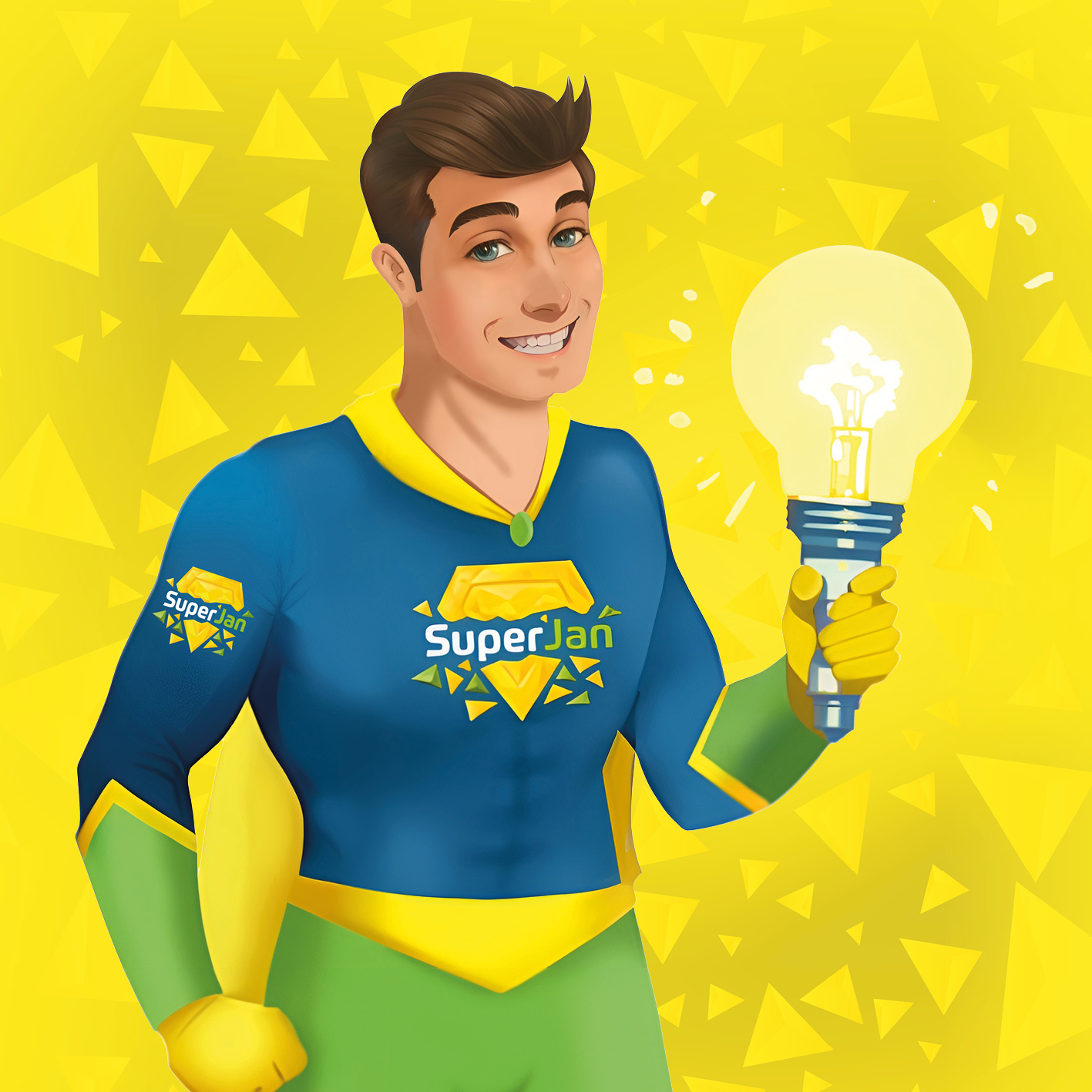SuperJan, de mascotte van Call Agent, met een verlichte gloeilamp