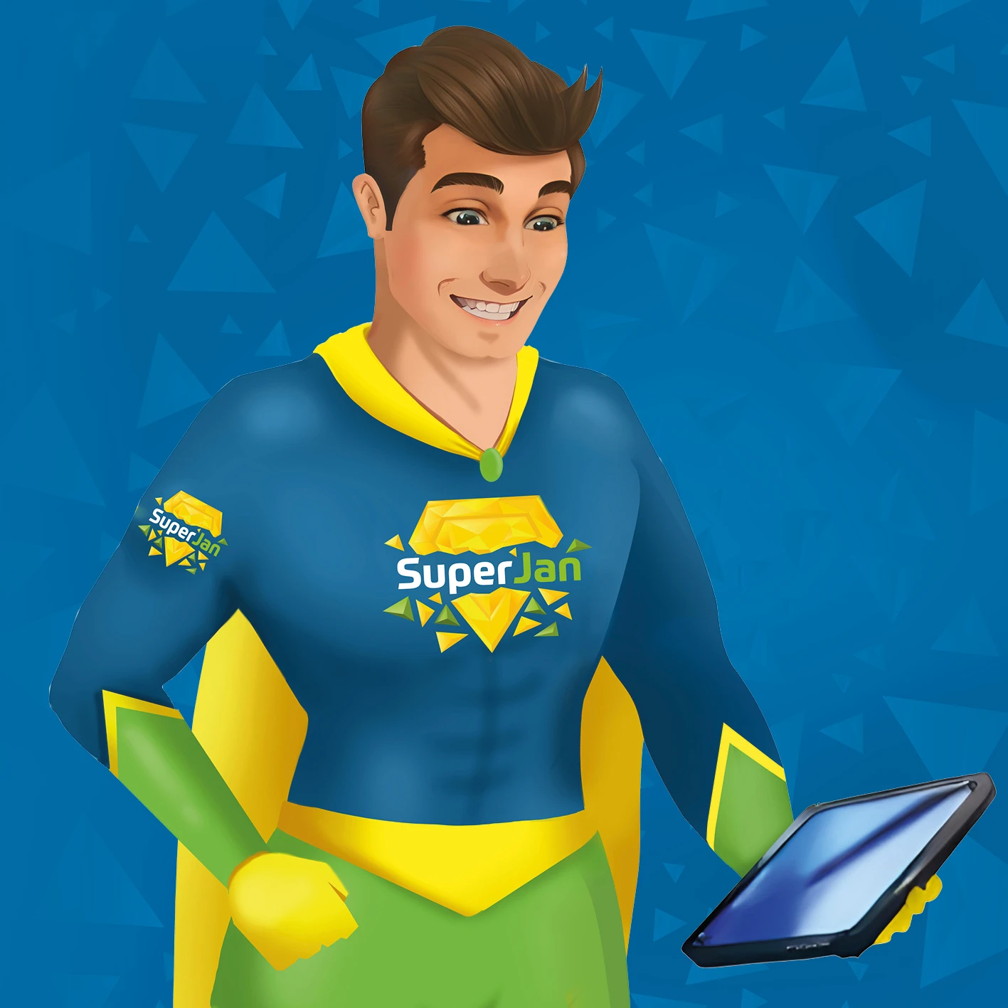 SuperJan, de mascotte van Call Agent, met een tablet met campagnedata