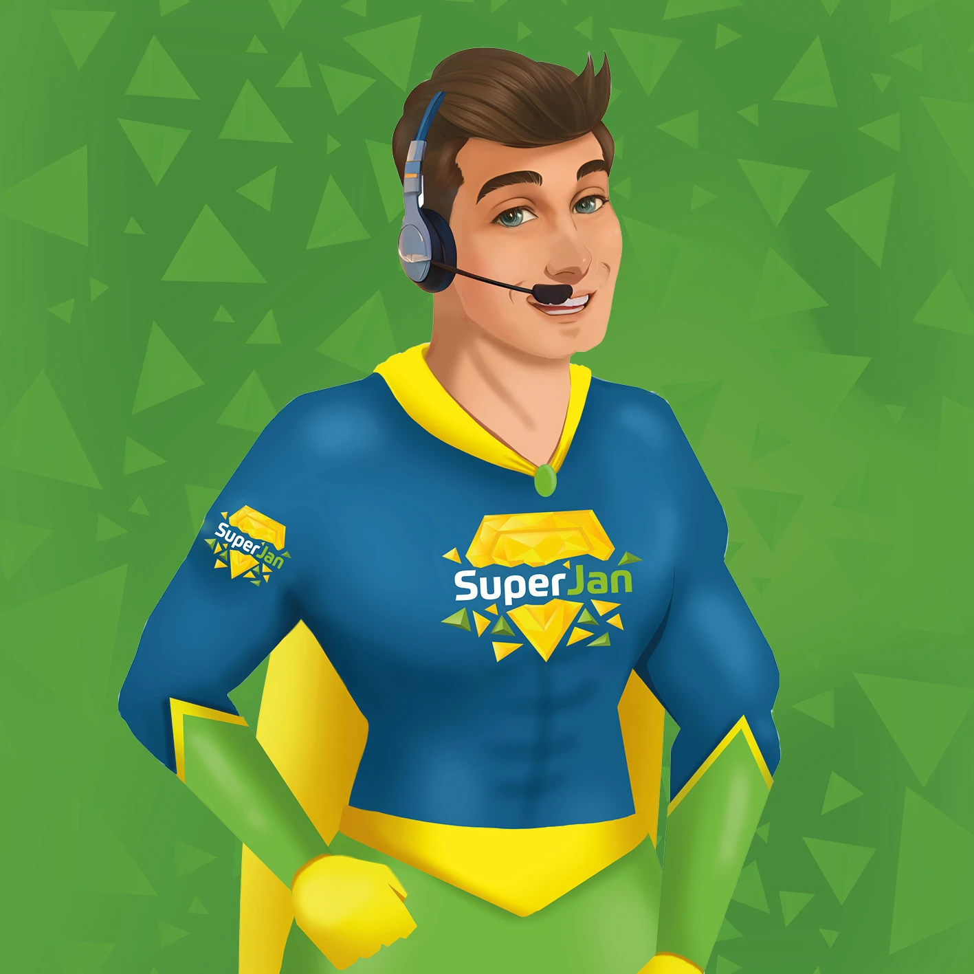 SuperJan, de mascotte van Call Agent, met headset in gesprek
